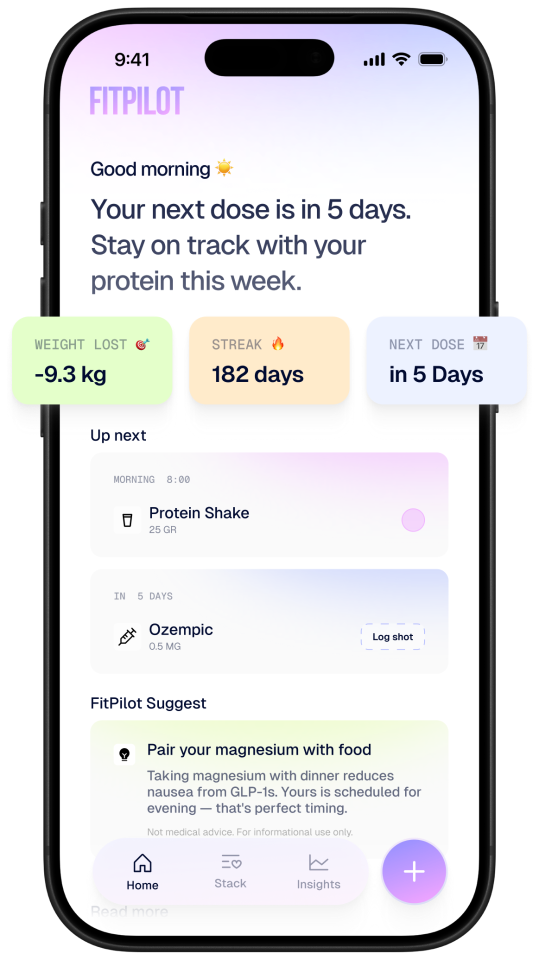 FitPilot home screen with dose countdown and stack