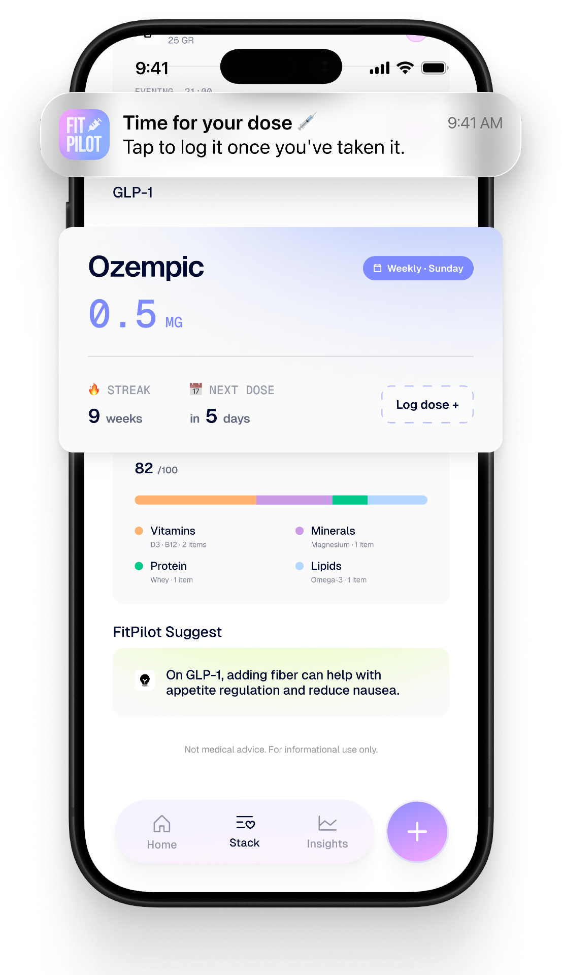 FitPilot home screen showing Ozempic dose, streak tracker, and next dose countdown