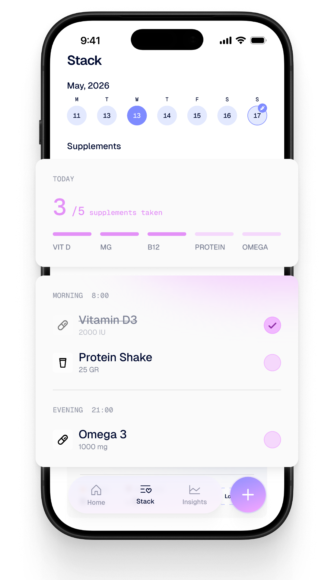 Stack screen with supplement tracking and daily progress
